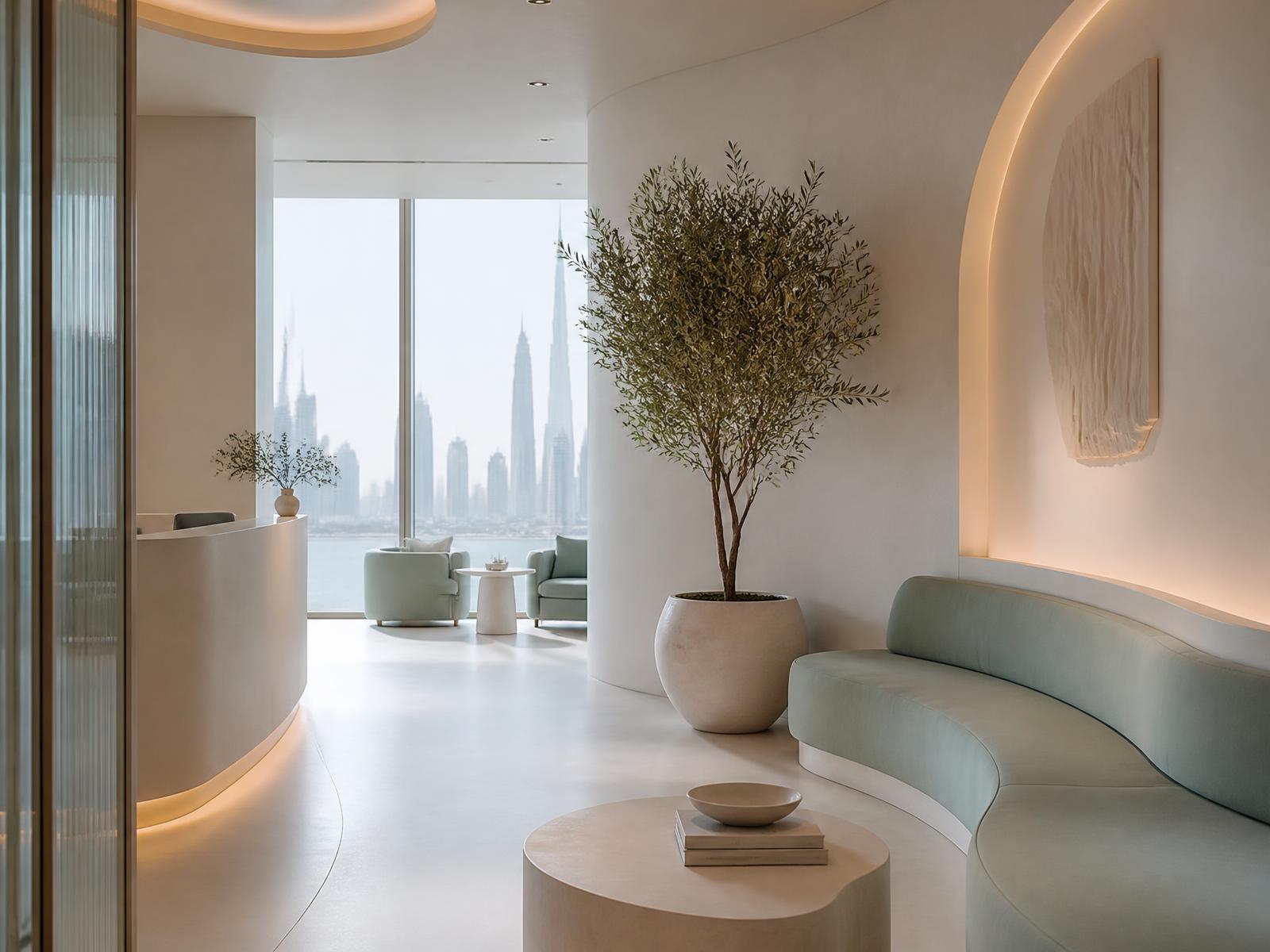 Calm modern clinic reception in Dubai with soft daylight and a view of the skyline